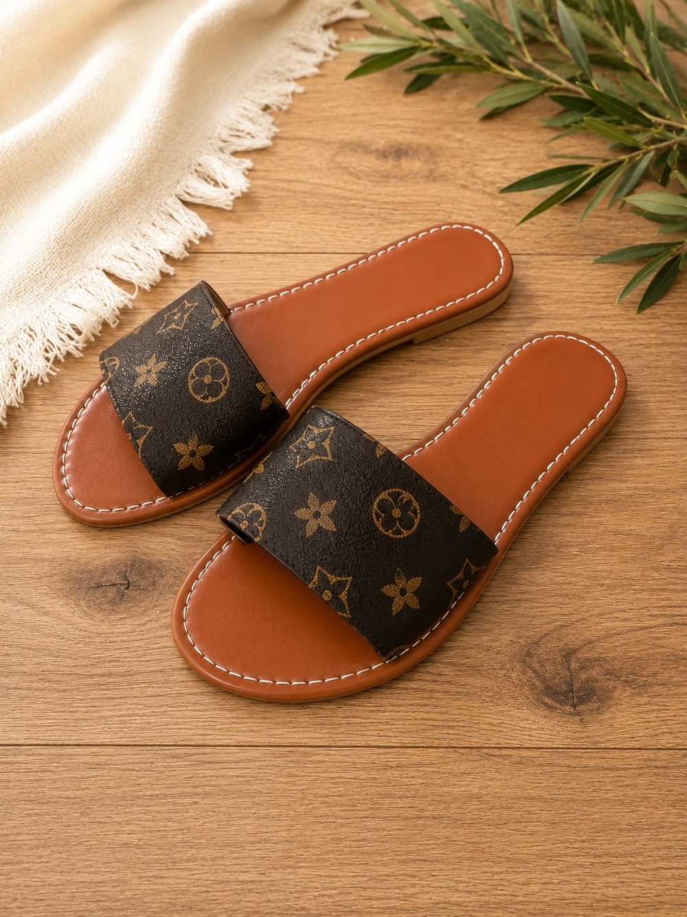 Women's Brown Slide Sandals with Patterned Strap Size US 8.5/ IT 39